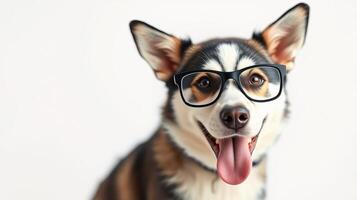 Dog wearing glasses poses playfully with a cheerful expression on a neutral background photo
