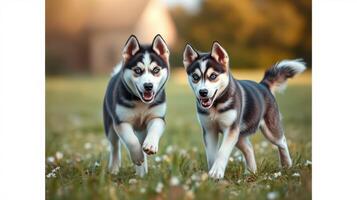 Two playful husky puppies running joyfully across a sunny field during a warm afternoon photo