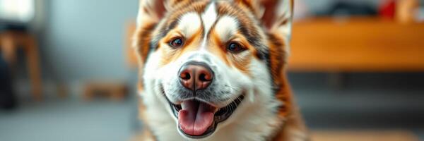 Happy dog enjoying a playful moment indoors at home during the afternoon photo