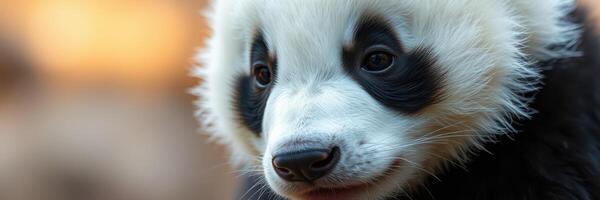 Cute panda cub exploring its surroundings in a natural habitat during the golden hour of the day photo