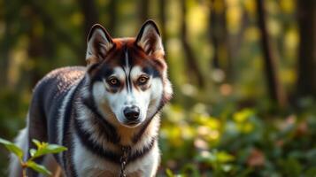 Beautiful husky exploring a lush green forest during midday sunlight photo