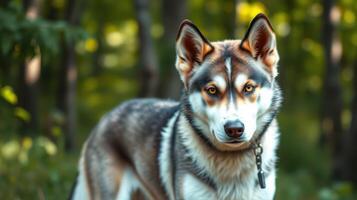 Beautiful husky dog poses in a lush green forest during sunny day photo