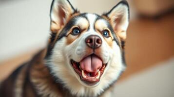 Happy dog enjoying indoor playtime with a joyful expression, showcasing playful energy and affection photo
