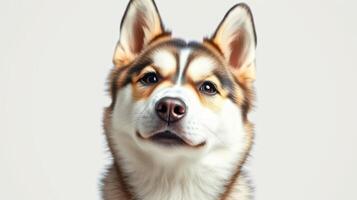 Happy and friendly dog posing for a portrait against a light background in a calm indoor setting photo