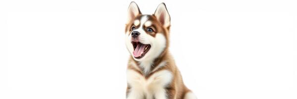 Happy young dog with fluffy fur sitting and looking playfully at the camera in a bright setting photo