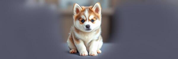 Cute fluffy puppy sitting calmly on a soft surface in a cozy indoor setting during the afternoon photo