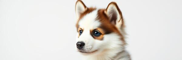 Cute fluffy puppy portrait with brown and white fur and expressive eyes on a plain background photo
