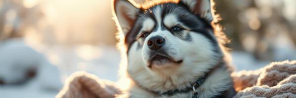 Majestic Alaskan Malamute basking in warm sunlight during a winter day photo