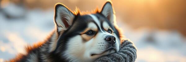 Husky rests peacefully in the golden glow of a sunset on a snowy landscape photo