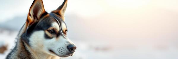Husky dog gazing thoughtfully at a snowy landscape during sunset photo