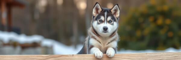 Siberian Husky enjoys the winter landscape while resting on a wooden fence in a snowy setting photo