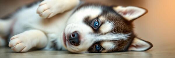 Cute husky puppy playing on a soft surface indoors while looking curiously at the camera in the afternoon light photo