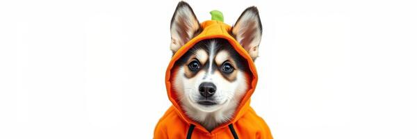 Corgi in a pumpkin-themed hoodie posing for a playful autumn portrait photo