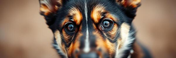 Close-up view of an attentive dog with striking fur patterns and expressive eyes in a soft-focus background photo