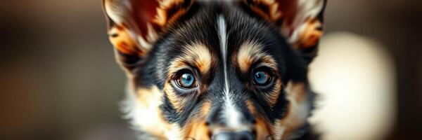 Cute dog with striking blue eyes is looking directly at the camera in a soft-focused background photo