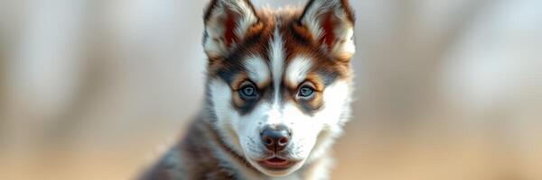Cute husky puppy looking directly at the camera in a soft blurred outdoor background during daylight hours photo