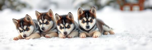 Four playful husky puppies resting on fresh snow in a winter landscape near their cozy den photo