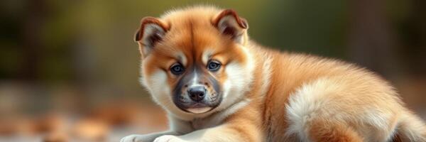 Adorable puppy resting in a sunny outdoor setting with a soft, blurred background photo