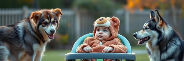 Charming toddler in bear costume surrounded by friendly dogs in a garden during golden hour photo
