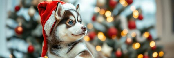 Cute husky puppy wearing Santa hat poses in front of decorated Christmas tree with glowing lights photo