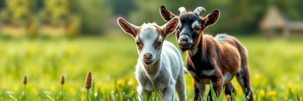 Two playful baby goats exploring a lush green field during a sunny afternoon in a rural setting photo