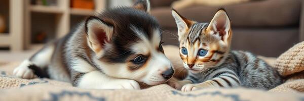 Cute puppy and playful kitten sharing a moment in a cozy living room during afternoon sunshine photo