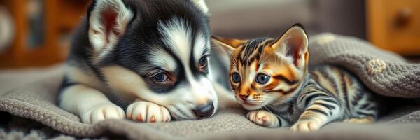 Adorable husky puppy and playful kitten snuggle together on cozy blanket indoors photo