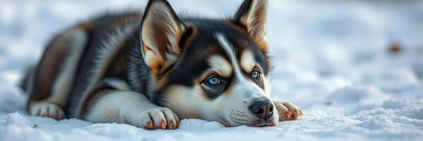 Playful husky puppy relaxing in the snow on a sunny winter day in a beautiful snowy landscape photo