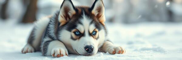 Cute husky puppy lying on the snow in a winter wonderland under soft sunlight photo