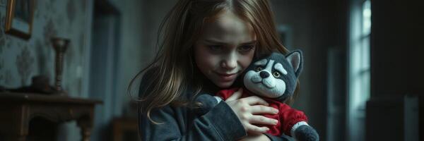 Child holds a plush husky toy in a dimly lit room while showing a mysterious expression photo
