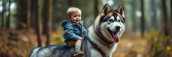 Child enjoys a joyful moment riding a friendly husky in a forest during the golden light of late afternoon photo