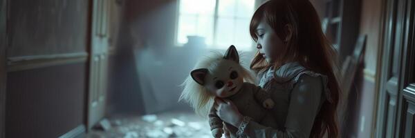 Child holding a doll in an abandoned room with light filtering through a window photo