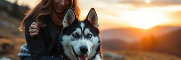 Woman enjoys sunset while cuddling with a husky dog in a scenic outdoor location photo