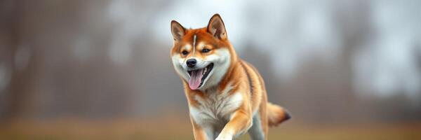Shiba Inu joyfully running through a foggy field in the early morning light photo