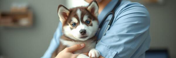 Caring veterinarian holds a husky puppy in a clinic during a routine checkup photo