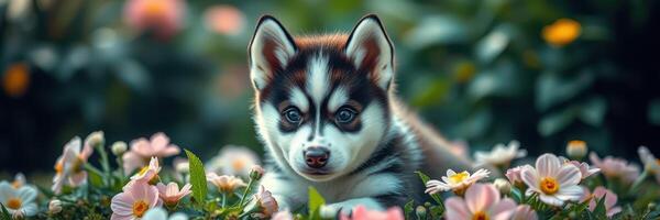 Playful husky puppy surrounded by colorful flowers in a vibrant garden setting during a sunny day photo