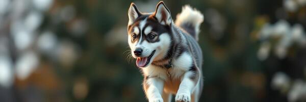 Playful husky puppy enjoying a run in a lush green yard during a sunny afternoon in early spring photo