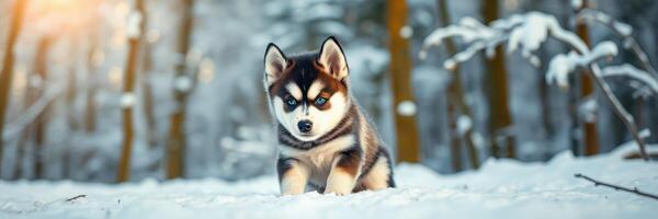 Husky puppy exploring a snow-covered forest during a sunny winter day with trees in the background photo