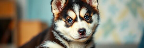Cute puppy with striking blue eyes relaxing at home in a cozy room photo
