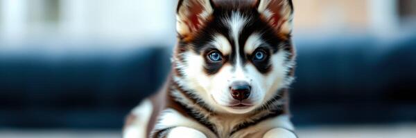 Cute Siberian husky puppy with striking blue eyes resting indoors in a cozy environment photo