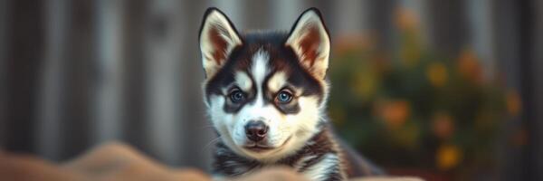 Cute husky puppy relaxing outdoors with a soft background and natural lights during a sunny day photo