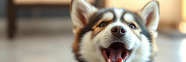 Happy dog with open mouth in indoor setting enjoying playful moment in sunlight with joyful expression photo