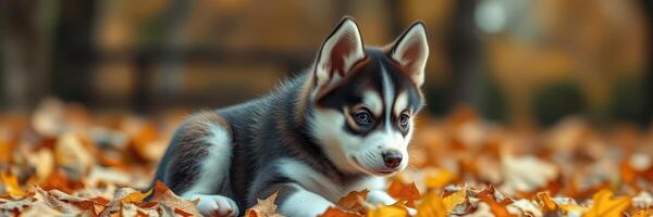 Husky puppy resting on autumn leaves in a park during a sunny day in October photo