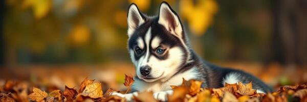 Cute husky puppy resting among autumn leaves in a vibrant forest setting during a sunny afternoon photo
