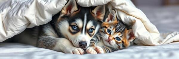 Cute puppy and kitten cuddled under a blanket in a cozy indoor setting during the afternoon photo
