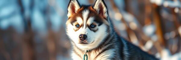 Beautiful husky dog standing in a snowy forest, showcasing its striking features and playful demeanor during winter photo