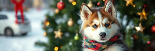 Winter dog portrait with festive background featuring Christmas decorations and snowy landscape photo