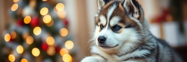 Cute puppy sitting in front of a decorated Christmas tree during a festive celebration photo