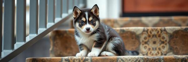 Cute husky puppy sitting on a decorative staircase in a cozy home during daylight photo