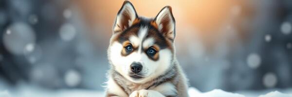 Cute husky puppy playing in the snow with a blurred winter background during a sunny day photo